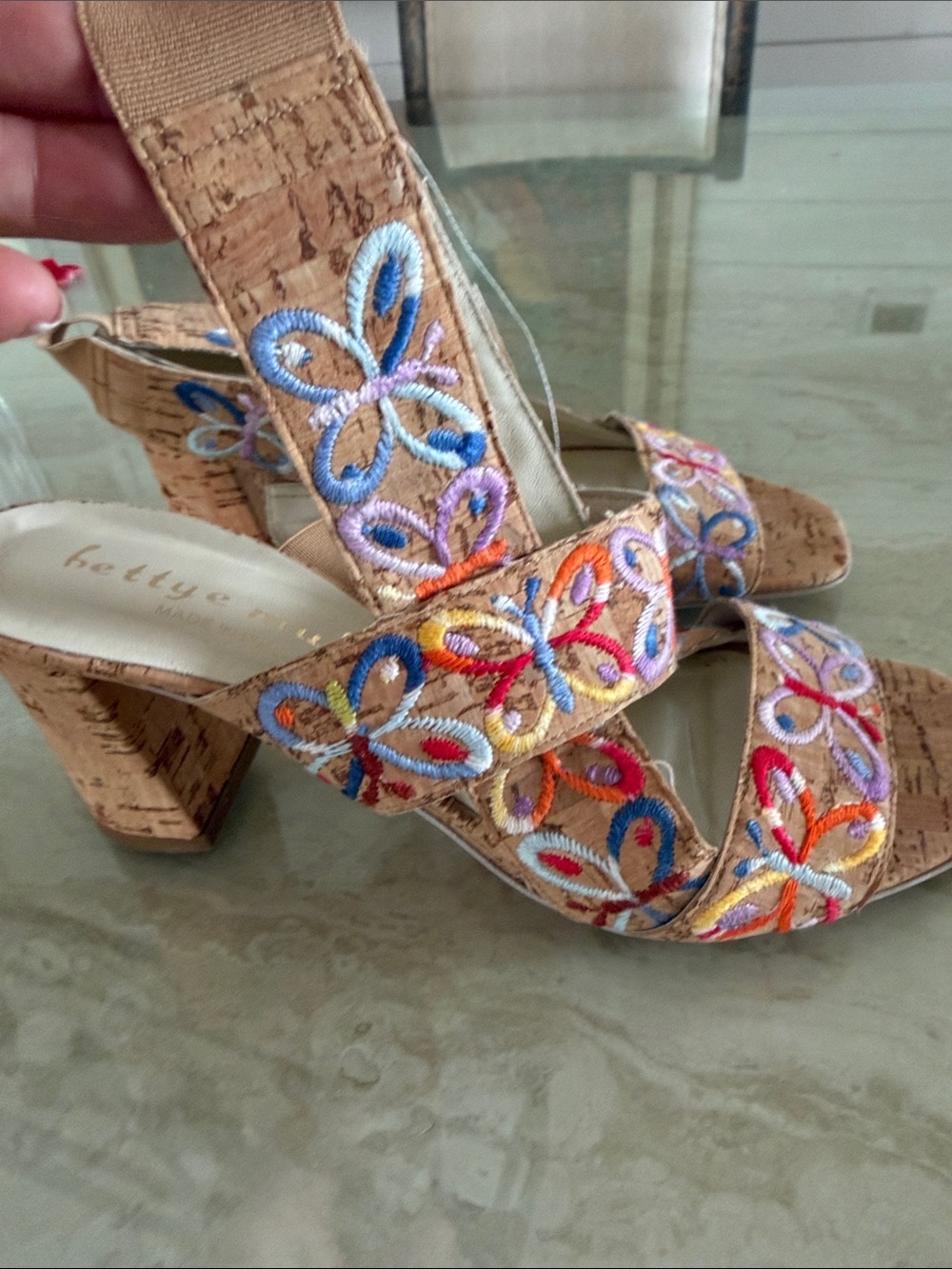 bettye muller Cork Block Heel Sandals with Multicolor Floral Embroidery